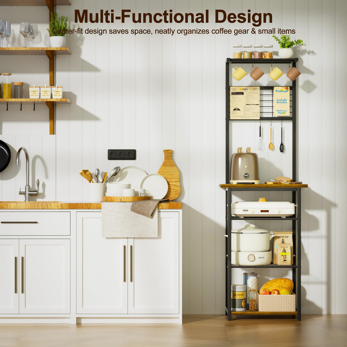 BUTUNITA Coffee Bar Station with 5 Tiers - Small Coffe Bar Kitchen Shelf with 4 S-Shaped Hooks - Corner Storage Baker's Rack for Small Spaces, Entryways, and Living Rooms BUTUNITA