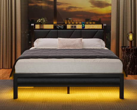 Furnulem Rustic Brown Queen Size Bed Frame with LED Headboard, USB Charging Station and Under-Bed Storage Furnulem
