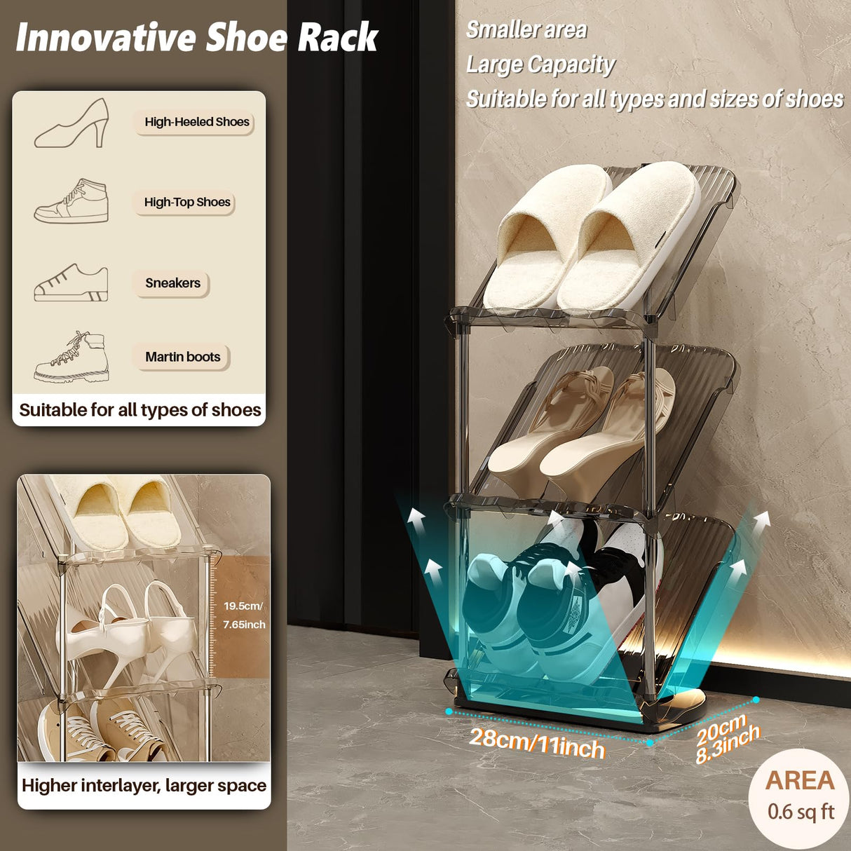 Patinao Sloping Narrow Shoe Rack 5 Tiers - Free Standing Vertical Shoes Racks for Small Spaces and Corner, Shoe Storage Organizer for Entryway, Tall Slim Shoe Shelf Cabinet for Shoes and Boots Patinao