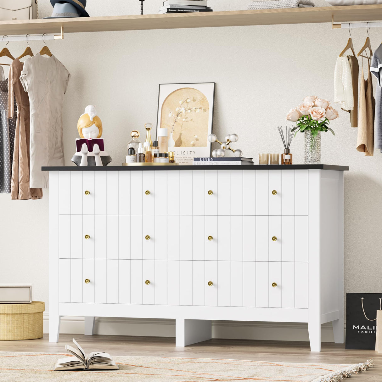 FOTOSOK White Dresser, Chest of Drawers, Modern 6 Drawer Double Dresser with Deep Drawers, Nursery Dresser for Baby, Wide Storage Organizer Cabinet for Living Room, Hallway,White&Black FOTOSOK