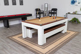 Hathaway Newport 7-ft Pool Table Tennis Combination with Dining Top, Two STO Newport II 7-ft Pool Table Combo Set with Benches - White with Camel Feltrage Benches with Accessories - Walnut Hathaway