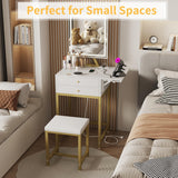 KAI-ROAD Small Makeup Vanity Desk with Lights - White Girls Vanity Set with Mirror and Chair, Make Up Dresser Table with Drawers and Power Outlet for Bedroom Small Space, Gold KAI-ROAD