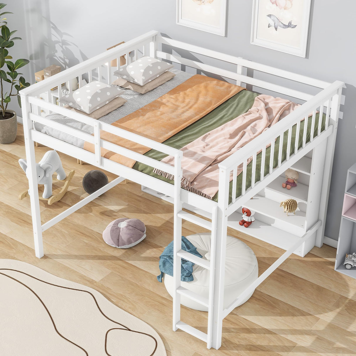 Full Loft Bed with 8 Storage Shelves, Wooden Loft Beds Frame with Bookcase, High Loft Bed with Ladder for Kids Boys Girls Teens, Antique White Bellemave