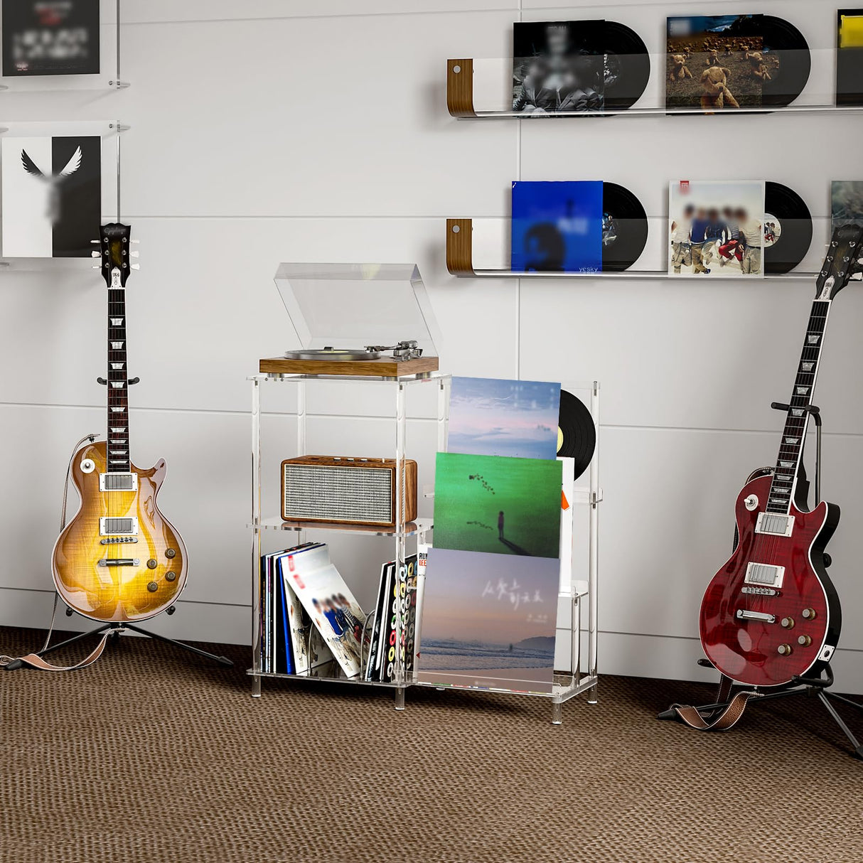 HMYHUM Acrylic Record Player Stand with Vinyl Storage, 3-Tier Record Player Table with Record Holder, Holds Up to 200 Albums, with Dividers, Modern, Clear HMYHUM
