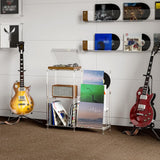 HMYHUM Acrylic Record Player Stand with Vinyl Storage, 3-Tier Record Player Table with Record Holder, Holds Up to 200 Albums, with Dividers, Modern, Clear HMYHUM