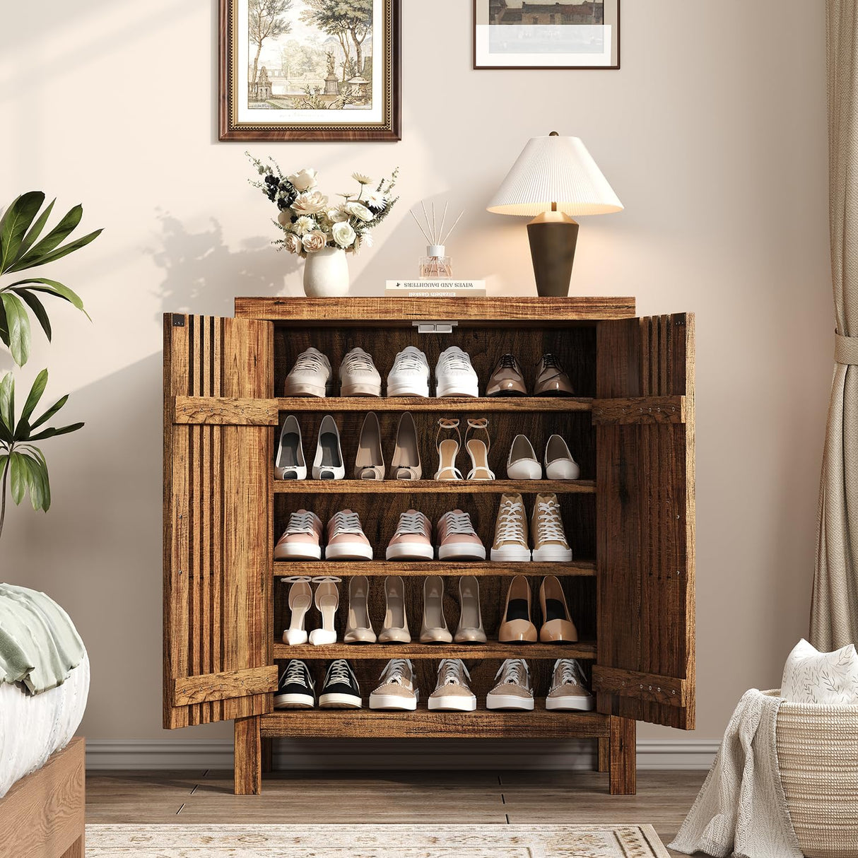 UNIQUITE Wooden Shoes Cabinet with Adjustable Shelves, Retro Freestanding Shoe Organizer Cabinet for Entryway Hallway Living Room, 5-Tier Shoe Cabinet with Doors for 20 Pairs, Dark Walnut UNIQUITE