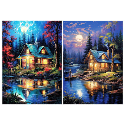 YOYA 2 Pack Log Cabin Diamond Painting Kits for Adults, Lake Cabin 5D Diamond Art Kits for Adults, DIY Scenery House Full Drill Gem Art Painting Kit for Home Wall Decor 12 x 16 Inch