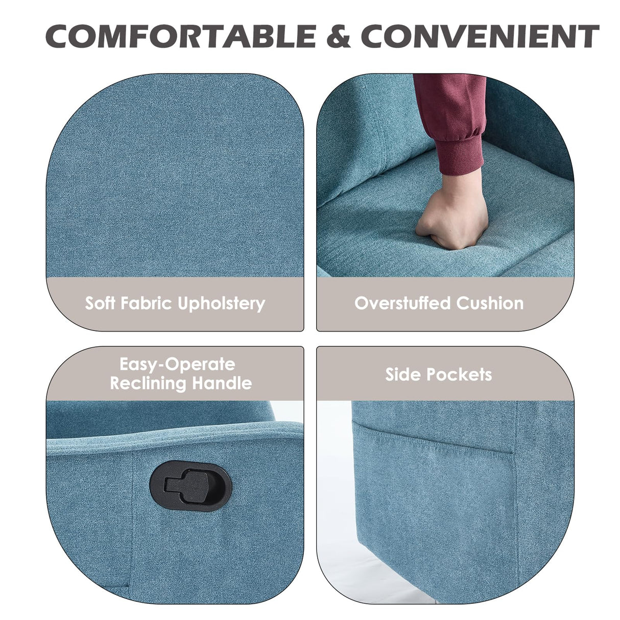 Trustyue Swivel Rocker Recliner Chair, 360° Swivel Recliner with Heat and Massage, Rocker Recliner Nursery Glider Chair with Side Pockets for Living Room (Light Blue, Fabric) Trustyue