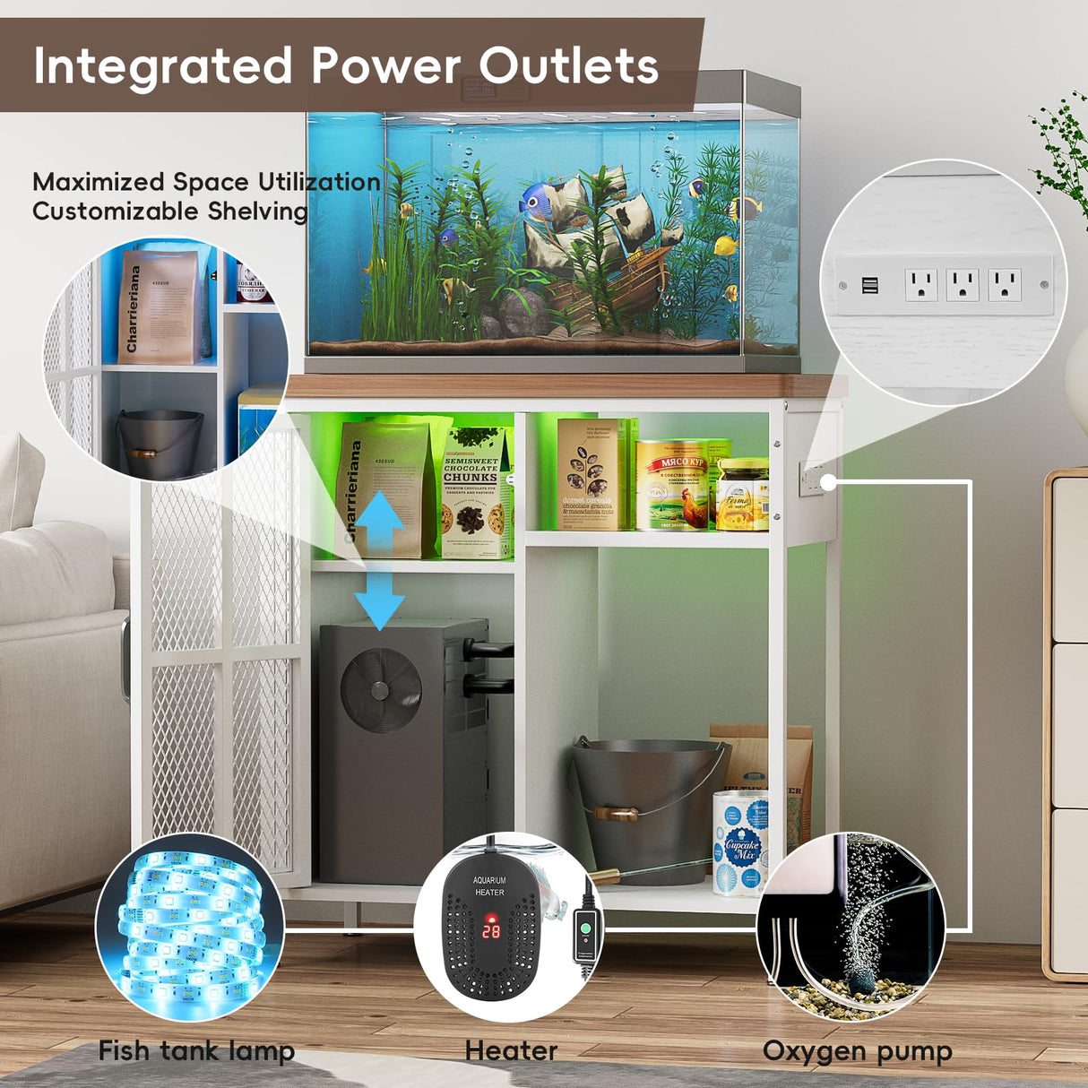 HAIOOU 20-29 Gallon Aquarium Stand with LED Light & Power Outlets, Cross Design Metal Frame Fish Tank Stand Aquarium Table with Cabinet Storage for Turtle Tank Reptile Terrarium, 360LBS Loads - White HAIOOU