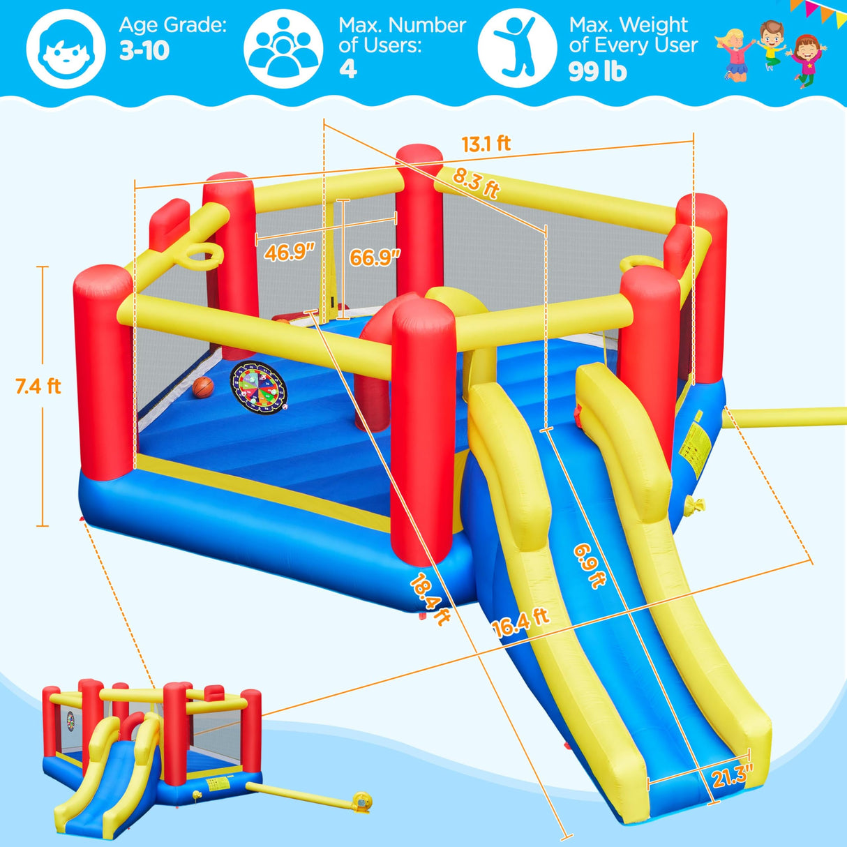 Yaheetech Inflatable Bounce House, 7-in-1 Oversize Bouncing Area w/Obstacle Arch & Slide & Basketball Game & Dart Game, Bounce House for Kids Aged 3-10 w/Storage Bag & 520W Blower Yaheetech