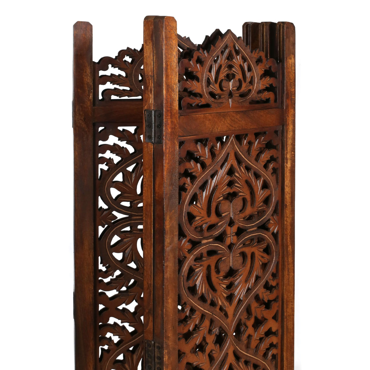 Light & Pro Wood Heart Design Handmade Hinged Foldable Partition 4 Panel Room Divider Screen with Intricately Carved Designs, Pre Assembled - Ready to Use - 48" x 1" x 64", Burnt Light & Pro