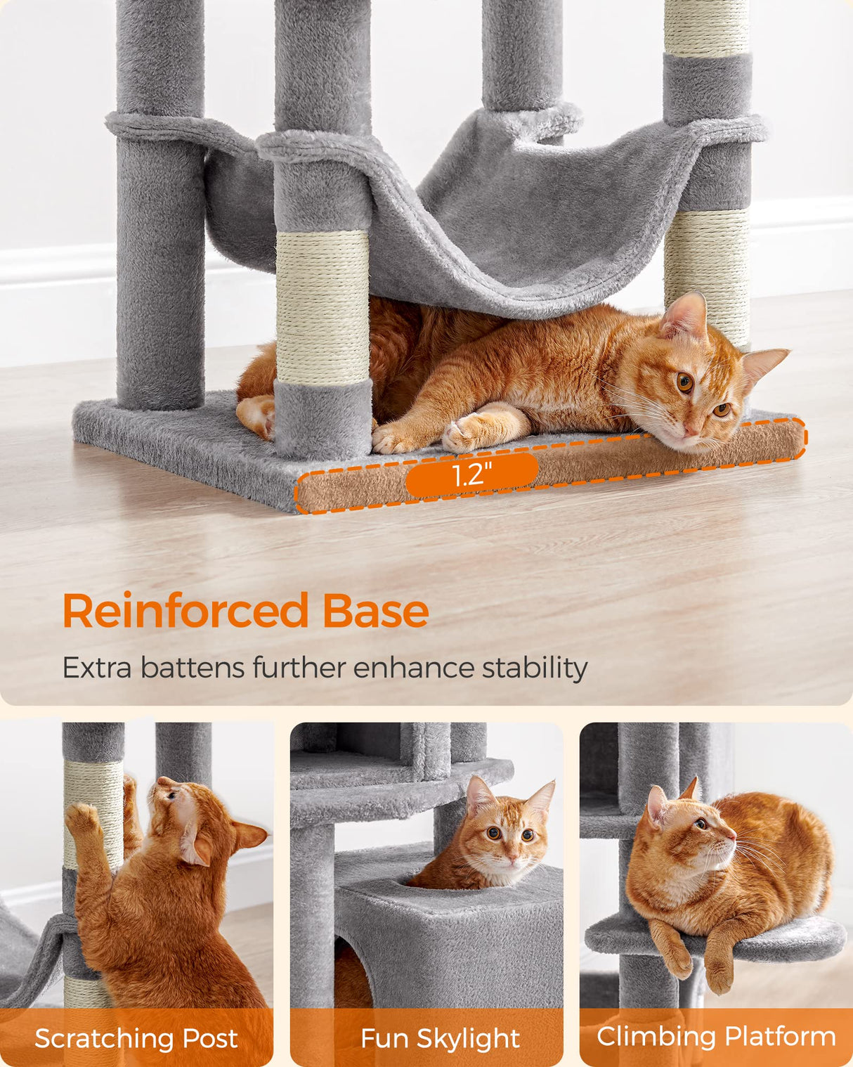 Feandrea Cat Tree, 61-Inch Cat Tower for Indoor Cats, Plush Multi-Level Cat Condo with 5 Scratching Posts, 2 Perches, 2 Caves, Hammock, 2 Pompoms, Light Gray UPCT192W01 Feandrea