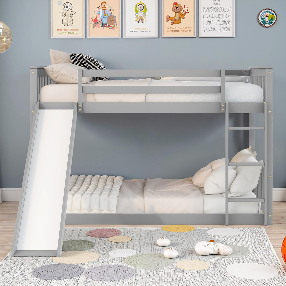 Osparple Full Over Full Bunk Bed, Kids Bunk Beds with Slide and Ladder, Wood Floor Bed Frames with Ladder for Teens, Girls or Boys, Gray/Grey Osparple