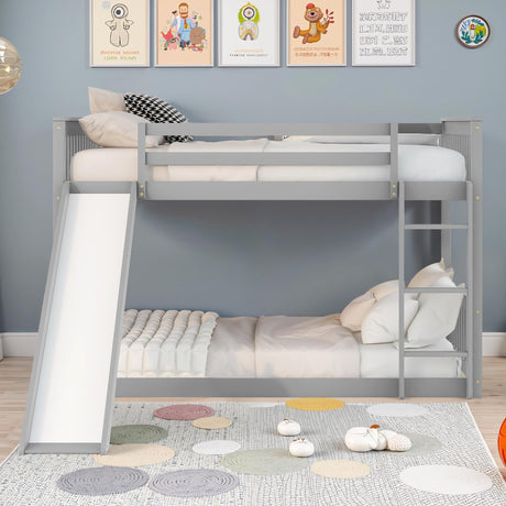 Osparple Full Over Full Bunk Bed, Kids Bunk Beds with Slide and Ladder, Wood Floor Bed Frames with Ladder for Teens, Girls or Boys, Gray/Grey Osparple