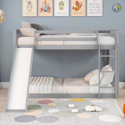 Osparple Full Over Full Bunk Bed, Kids Bunk Beds with Slide and Ladder, Wood Floor Bed Frames with Ladder for Teens, Girls or Boys, Gray/Grey