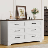Furmax Farmhouse Dresser for Bedroom, 6 Drawers Dresser, Wood Chest of Drawers, 52" Wide Storage Dressers Organizer for Bedroom, Living Room, White and Brown Furmax