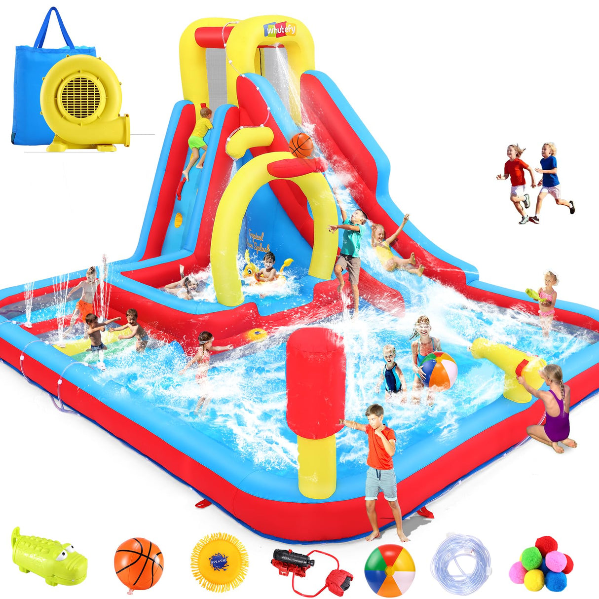 Whubefy Inflatable Water Slide Bounce House, 13.2x10Ft 13-in-1 Bounce House Obstacle Course Waterslides, Summer Fun w/Boxing Pole/Slide/ 10+ Accessories, Inflatable Water Slide for Kids Outdoor Whubefy