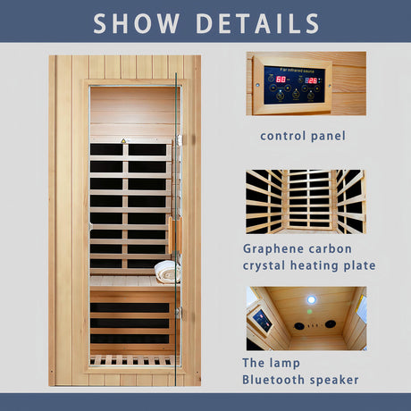 Far Infrared Sauna 1 Person Infrared Sauna Room Canadian Hemlock Wooden Sauna for Home, 1300W Low-EMF Indoor Saunas with Control Panel, Bluetooth Speakers, LED Reading Lamp, Tempered Glass Door SALUSHEAT