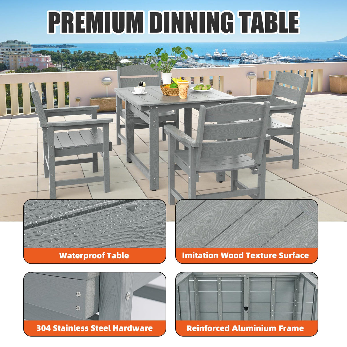 Sunnibety 5-Piece HIPS Patio Dining Set, Outdoor Dining Table and Chairs Set with Umbrella Hole, Weatherproof Dining Table Set for 6 Person, Patio Furniture Set for Outside Deck, Grey Sunnibety