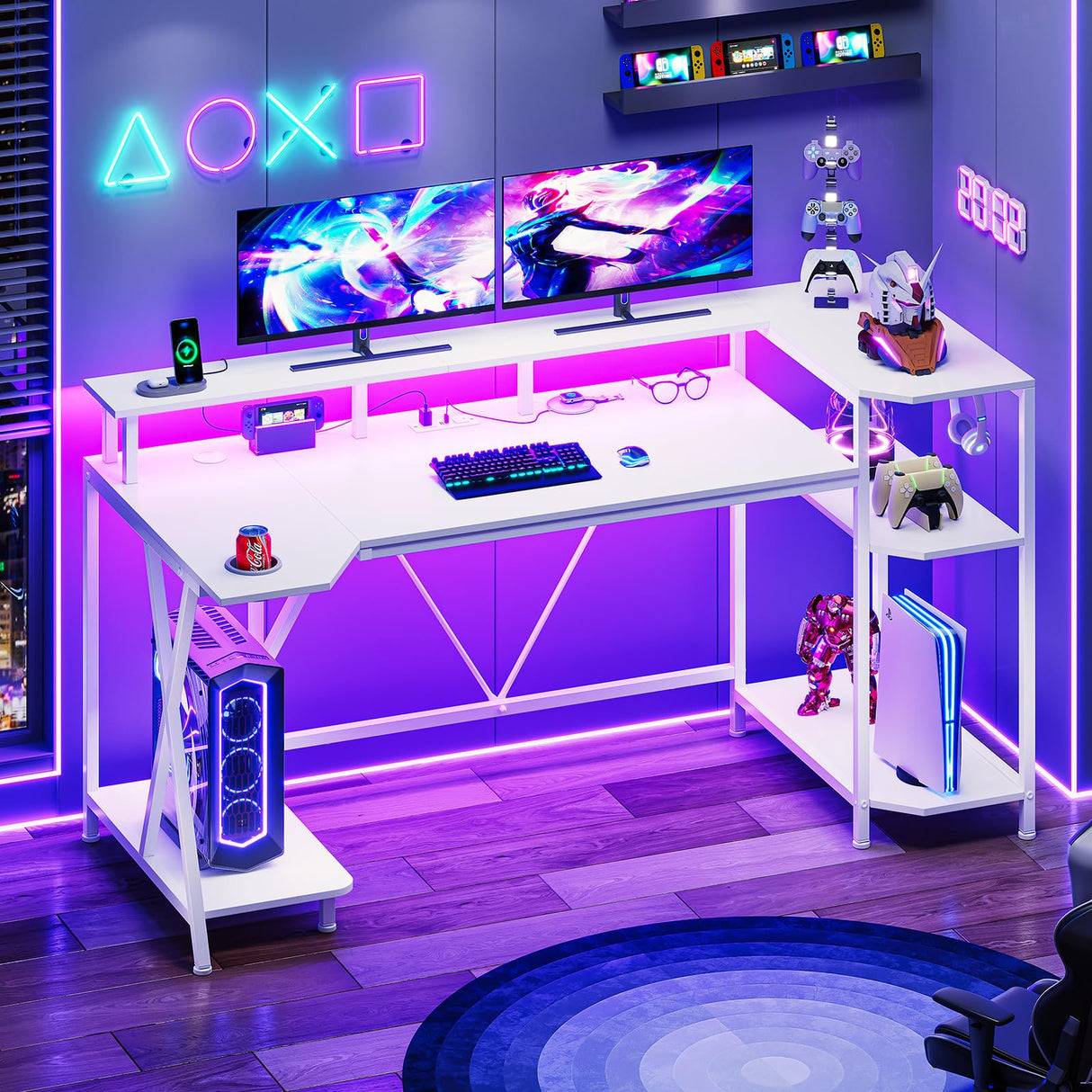 SEDETA White Gaming Desk 55'' with LED Lights and Storage Shelves, Computer Desk with Monitor Stand, Power Outlets and Cup Holder, Large PC Gamer Desk, Gaming Table for Bedroom, Living Room SEDETA