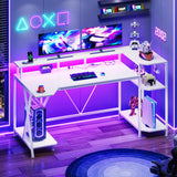 SEDETA White Gaming Desk 55'' with LED Lights and Storage Shelves, Computer Desk with Monitor Stand, Power Outlets and Cup Holder, Large PC Gamer Desk, Gaming Table for Bedroom, Living Room SEDETA