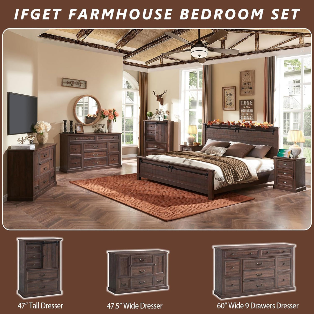 IFGET Farmhouse 9 Drawers Dresser for Bedroom, 60" Wide Wood Rustic Chest of Drawers, Large Storage Dressers Organizer for Bedroom, Living Room, Hallway, Dining Room-Brown IFGET