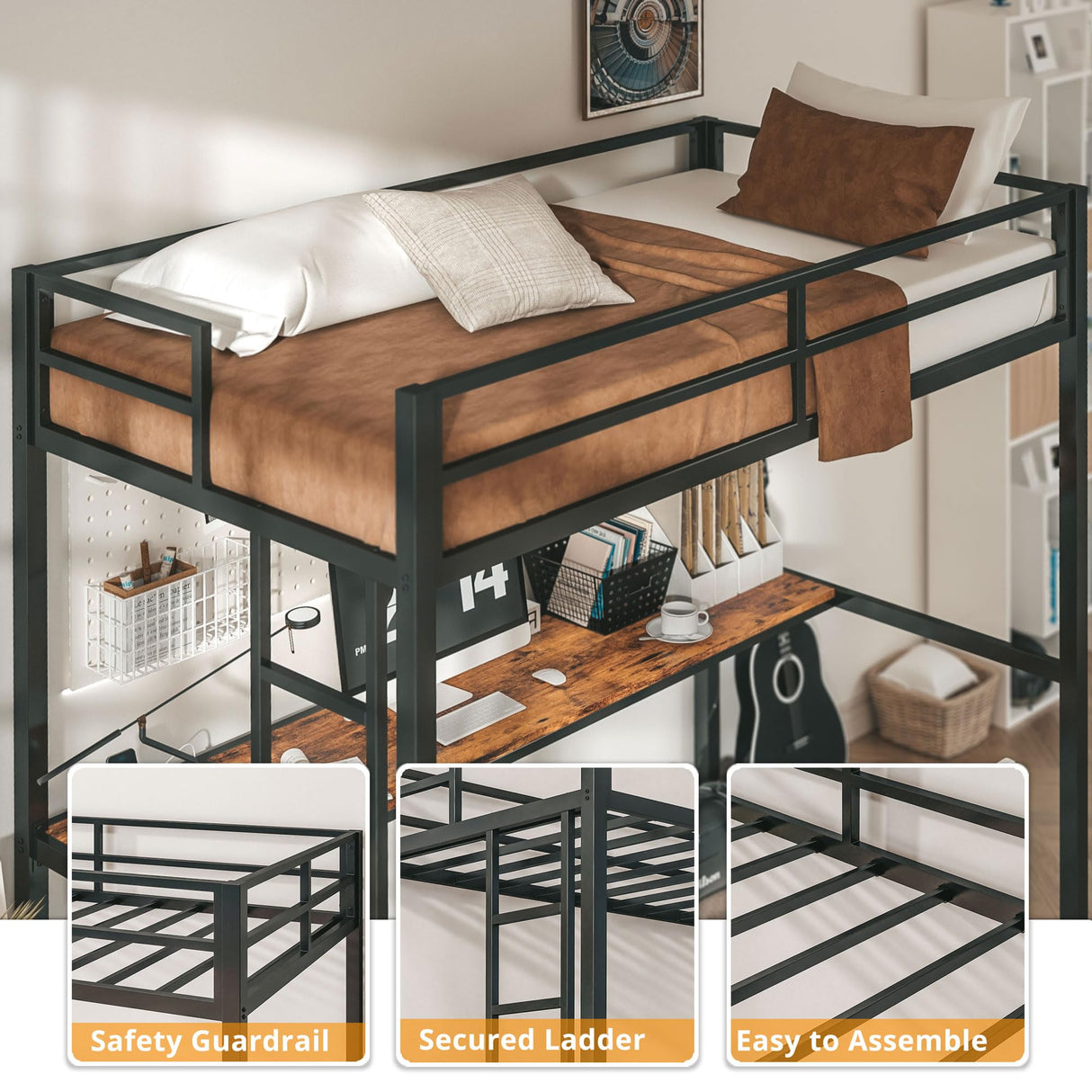 LIKIMIO Twin Loft Bed with Desk, Power Outlet, LED Lights – Space-Saving Metal Frame in Black LIKIMIO