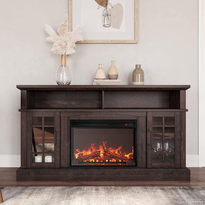 BELLEZE Traditional 58" Rustic TV Stand with 23" Electric Fireplace Heater with Sound, Media Entertainment Center Console Table for TV up to 65" with Open Storage Shelves and Cabinets - Espre - WoodArtSupply