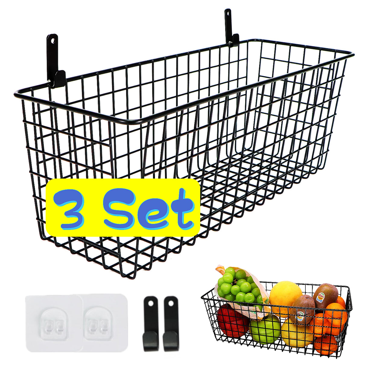 3 Set [Extra Large]Hanging Wall Wire Baskets, Farmhouse Food Storage Kitchen Pantry Laundry Closet Garage RV,Black Joben Oligey