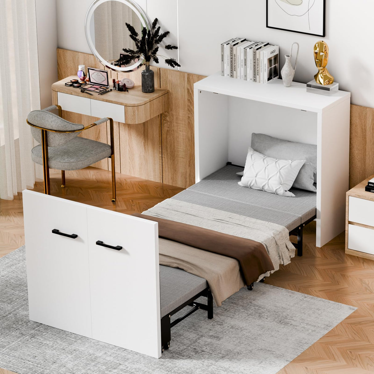 DoCred Murphy Bed - 2 in 1 Cabinet Bed, Folding Trundle Beds w/Mattresses for Adult, Roll Away Pull Out Murphy Chest Daybed, Guest Beds for Apartment Small Room Office Nap, Cot Size: 75" x 29" DoCred