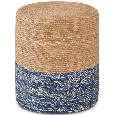 Wimarsbon Natural Seagrass Foot Stool, Hand Weaving Round Ottoman, for Living Room, Outdoor Seat (Natural & Blue)