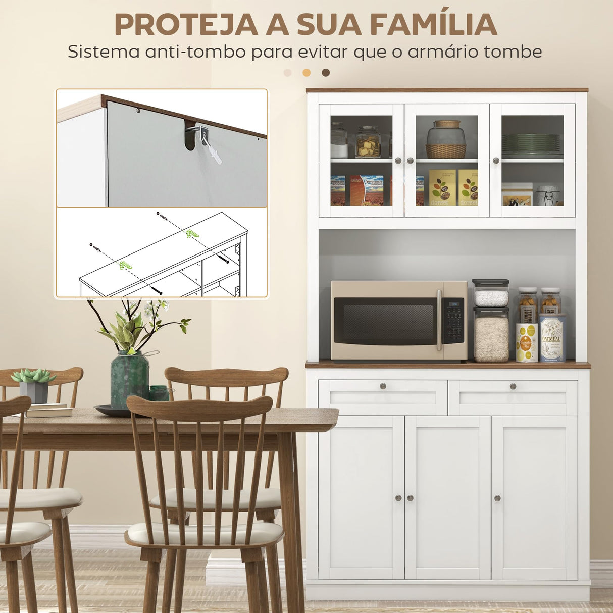 HOMCOM 71" Kitchen Pantry Cabinet, Freestanding Kitchen Hutch with Microwave Stand, 2 Drawers and Adjustable Shelves, Bar Cabinet with Glass and Recessed Doors for Dining Room, White HOMCOM