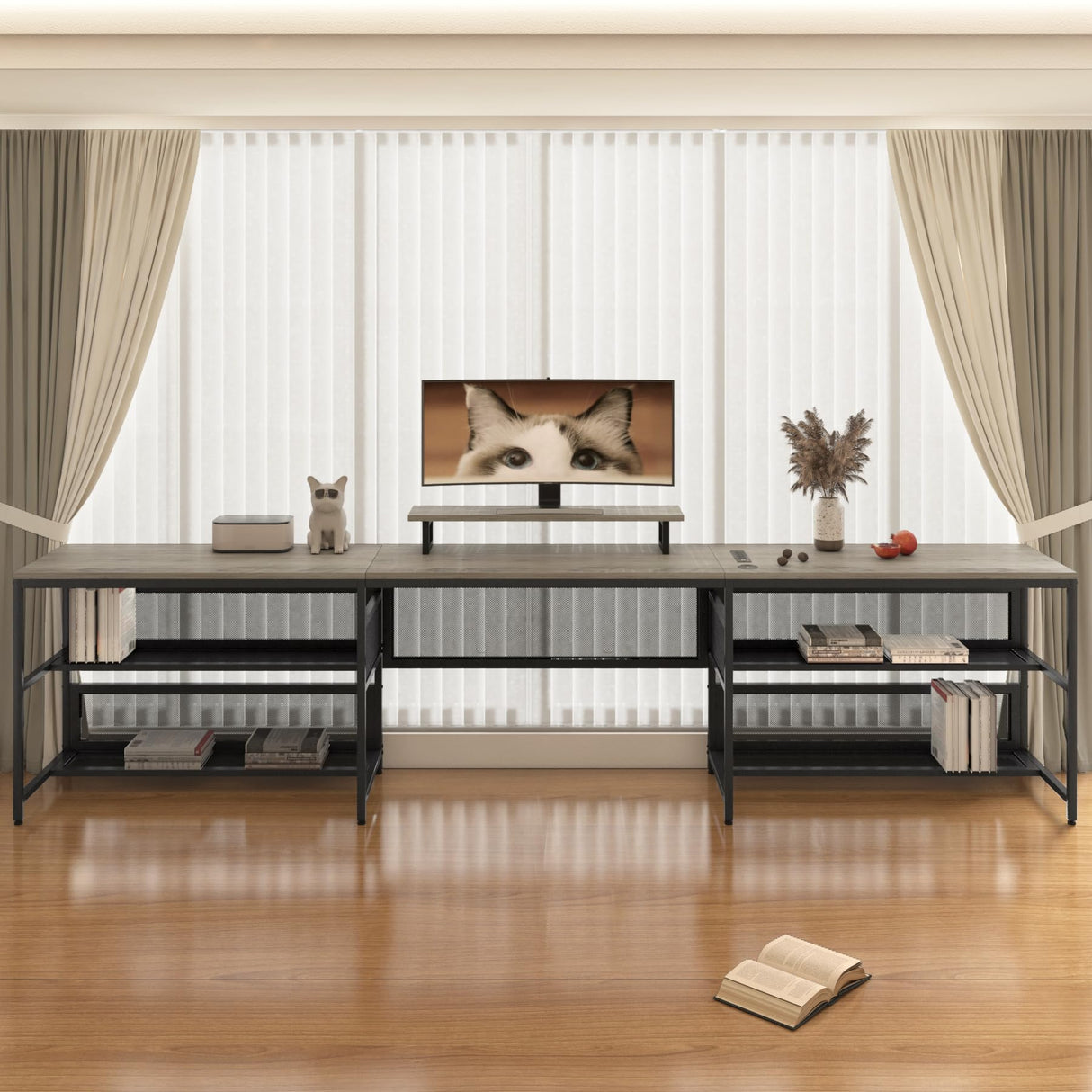 AYUYK U Shaped Gaming Desk, Reversible L Shaped Computer Desk with Shelve & LED Lights, Corner Gaming Desk with Monitor Stand & Storage Shelves for Home Office (Gray) AYUYK