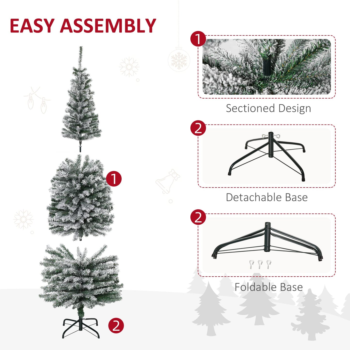 HOMCOM 6' Tall Unlit Snow-Flocked Slim Artificial Christmas Tree with Realistic Branches and 492 Tips