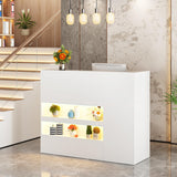 55" Reception Desk with LED Lights Power Outlets,L-Shaped Modern Front Desk Reception Room Table with Cable Grommet,Lockable Drawers,Retail Checkout Counter for Lobby,Salon,Home Office Desk,White Hlivelood