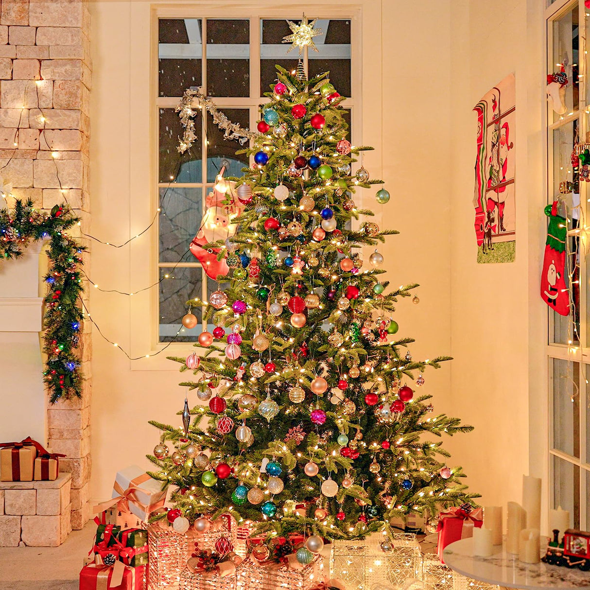 Hykolity 7.5 ft Prelit Aspen Fir Christmas Tree, Artificial Christmas Tree with 450 Warm White LED Lights, 1173 PE&PVC Branch Tips, Metal Stand and Hinged Branches hykolity