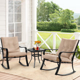 SOLAURA 3-Piece Outdoor Rocking Chairs Bistro Set, Black Iron Patio Furniture with Brown Thickened Cushion & Glass-Top Coffee Table SOLAURA