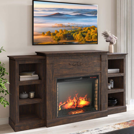 BELLEZE Modern 70" Electric Fireplace Heater Mantel TV Stand & Media Entertainment Center for TVs up to 68" with Energy-Efficient Heater With Sound and Side Book Shelves - Lenore (Brown) BELLEZE