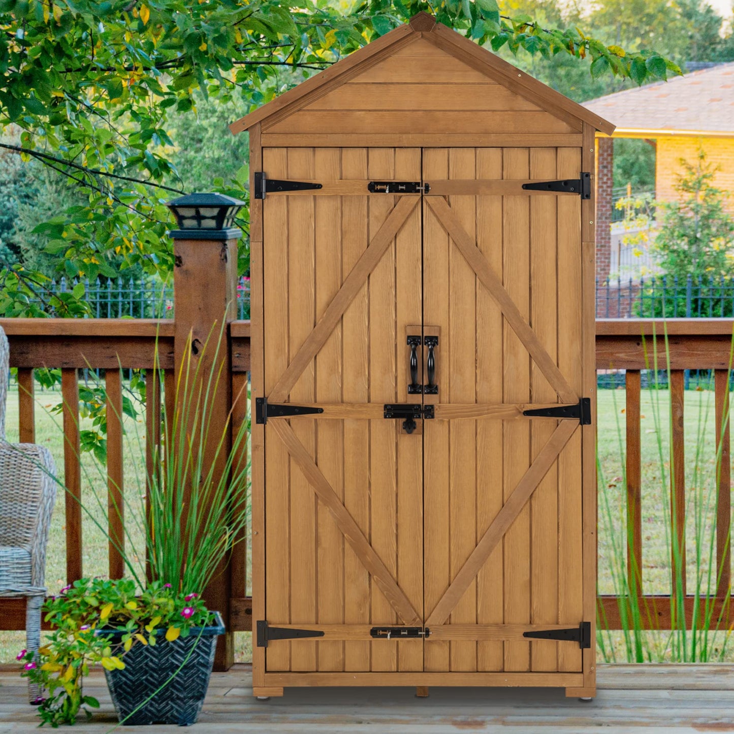 MCombo Outdoor Storage Cabinet, Garden Wood Tool Shed, Outside Wooden Shed Closet with Shelves and Latch for Yard, Patio, Deck and Porch 1000 Natural - WoodArtSupply