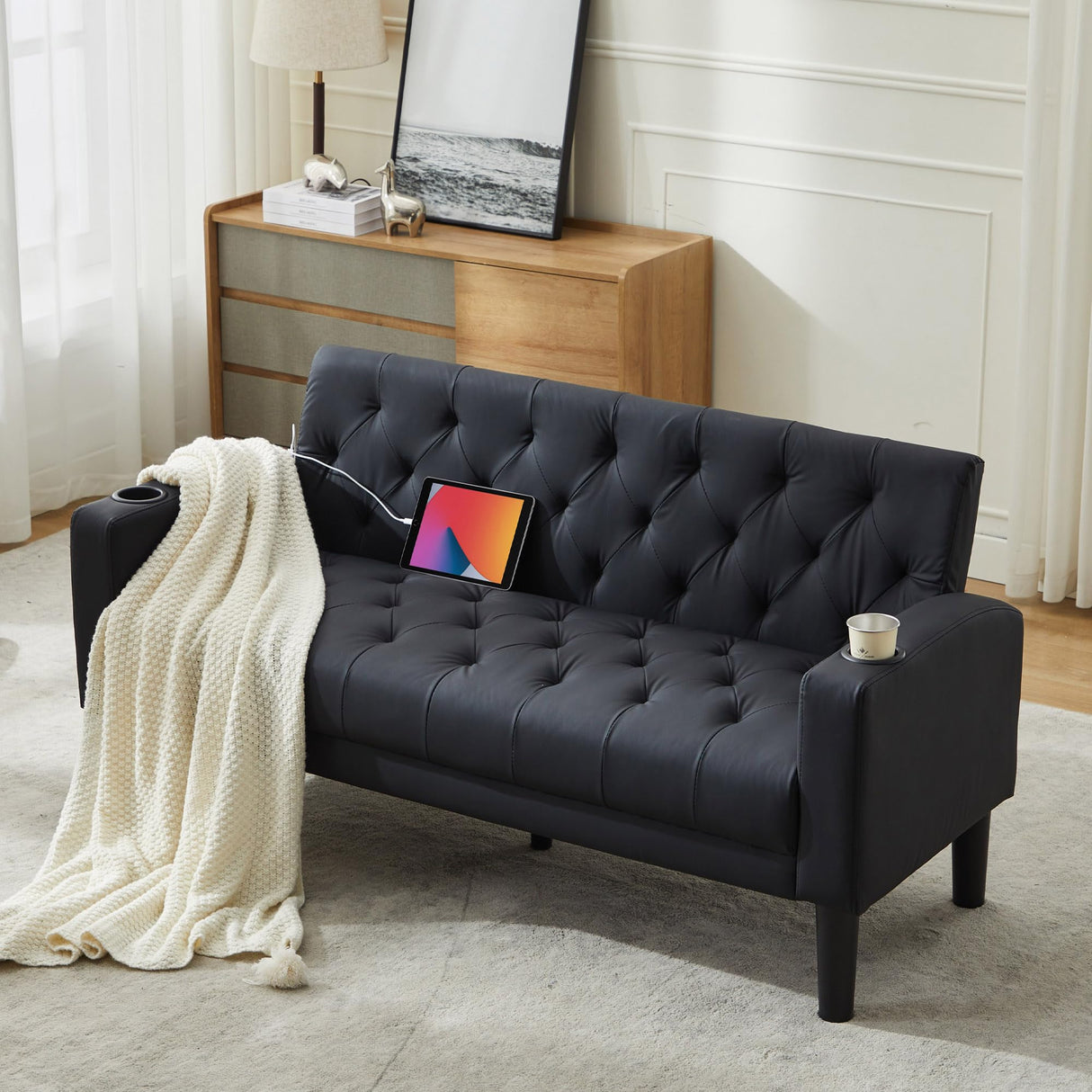 TYBOATLE 62" W Loveseat Sofa w/ 2 USB Charger Ports and 2 Cupholders, Mid-Century Modern Tufted Black Leather Small Love Seat Couches for Compact Living Room, Office, Bedroom, Apartment, Dorm TYBOATLE