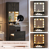 FREDEES Vanity Desk with Mirror and Lights, Compact Makeup Table w/Storage Drawers & Shelves, Farmhouse Vanity Table with Hidden Chair for Bedroom, Gift for Girls Lady, Rustic Brown FREDEES