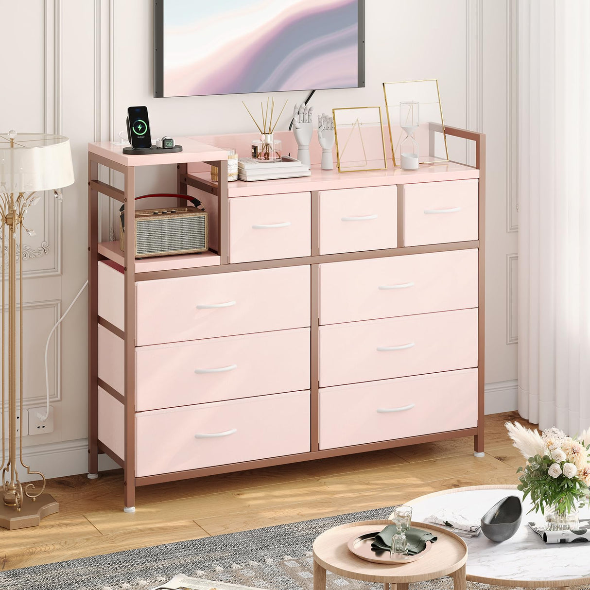 Jojoka TV Stand with Charging Station, Bedroom Dresser for Living Room TV Stand with 9 Drawers, Pink Jojoka