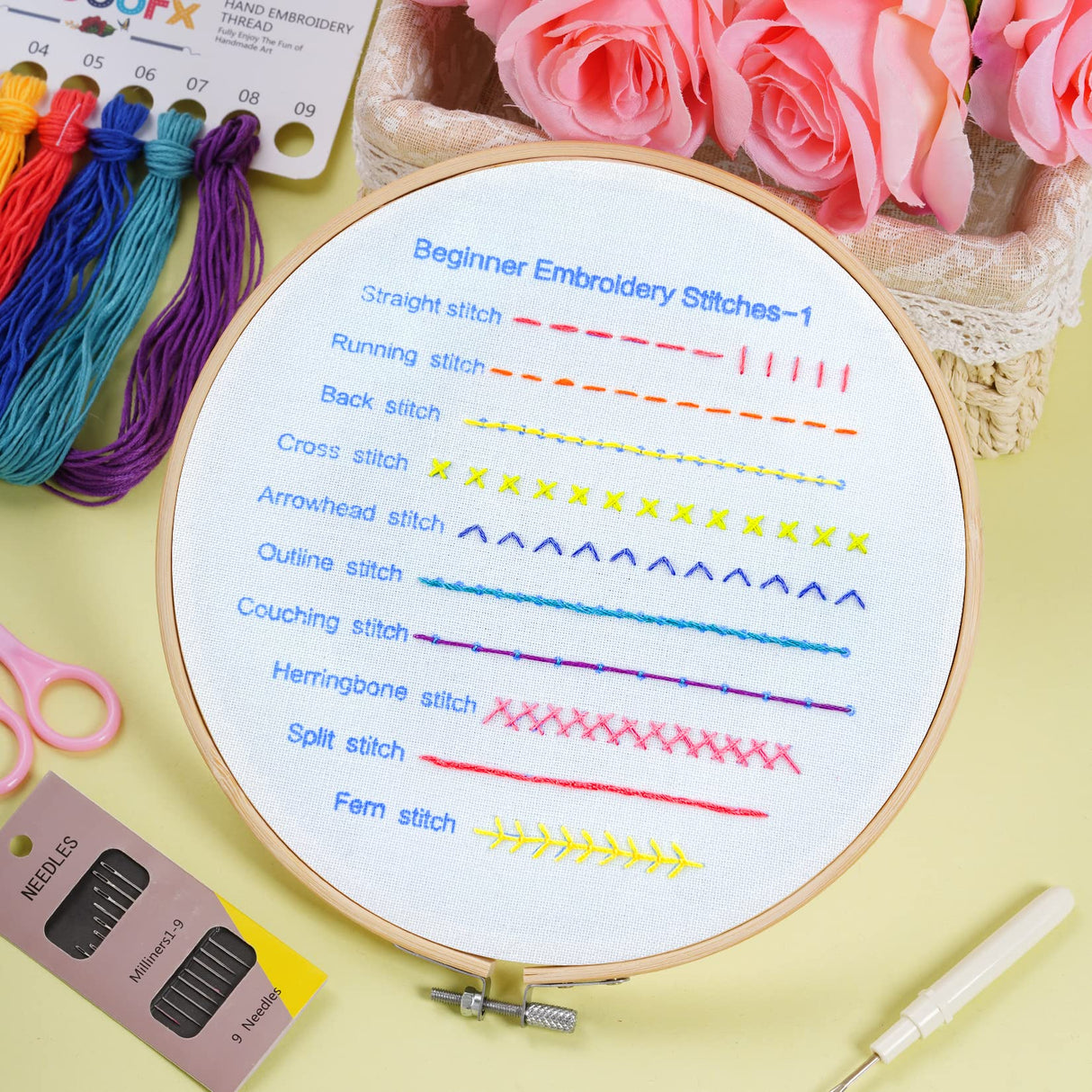 Lystaii Beginners Embroidery Stitch Practice kit, 3 Sets Embroidery Kit for Beginners to Learn 30 Different Stitches for Craft Lover Easy to Follow with Instructions Embroidery Skill Techniques Lystaii