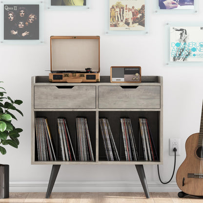 Amyove Record Player Table Stand with Storage Drawers, Vinyl Record Table Cabinet with Power Outlet, Large Wooden Turntable Stand for Album Storage in Living Room, Bedroom, Office - WoodArtSupply