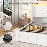 LARMACE Queen Size Bed Frame with Storage Drawers and Tufted Headboard Velvet Upholstered Platform Bed Frame with LED Light Wingback Beds with Wooden Slats Support, Easy Assembly, White LARMACE