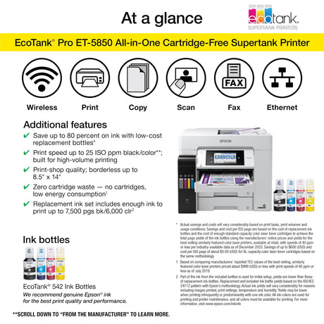 Epson EcoTank Pro ET-5850 Wireless Color All-in-One Supertank Printer with Scanner, Copier, Fax and Ethernet, White Epson