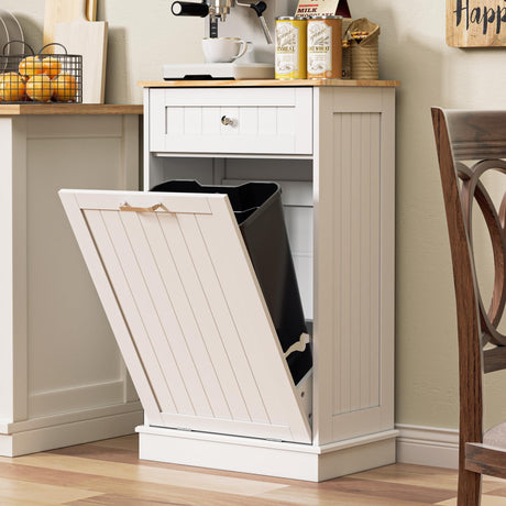 Ancohom 13 Gallons Tilt Out Trash Cabinet Freestanding Kitchen Recycling Cabinet Hidden Trash Bin Cabinet with Hideaway Drawer Pet Proof Trash Can Holder for Kitchen Living Room, White Ancohom