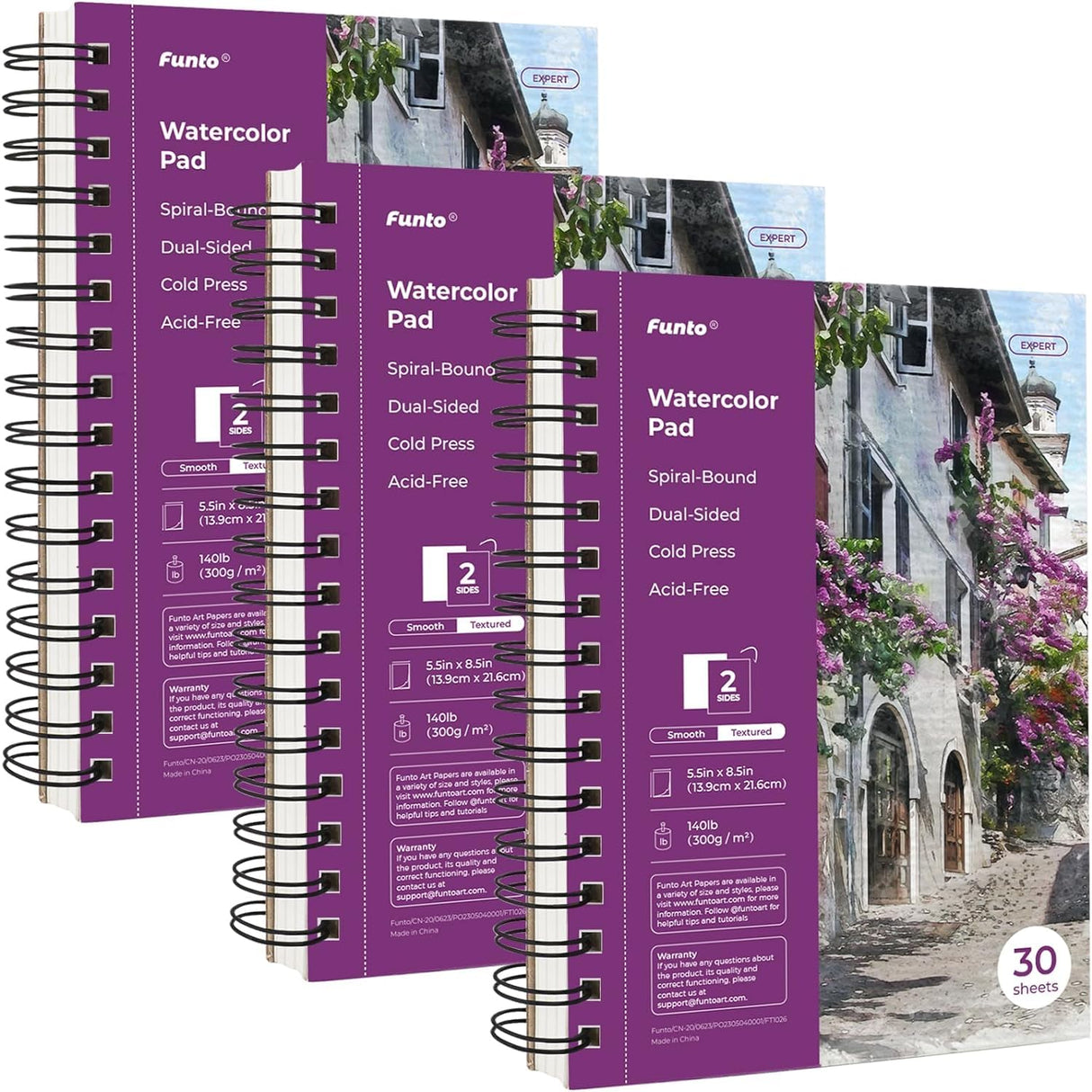 Funto Watercolor Pad 5.5x8.5, 3 Pack, 90 Sheets,140lb/300gsm, Double-Sided, Cold Press, Spiral Bound, Heavyweight Paper for Watercolor Painting Funto