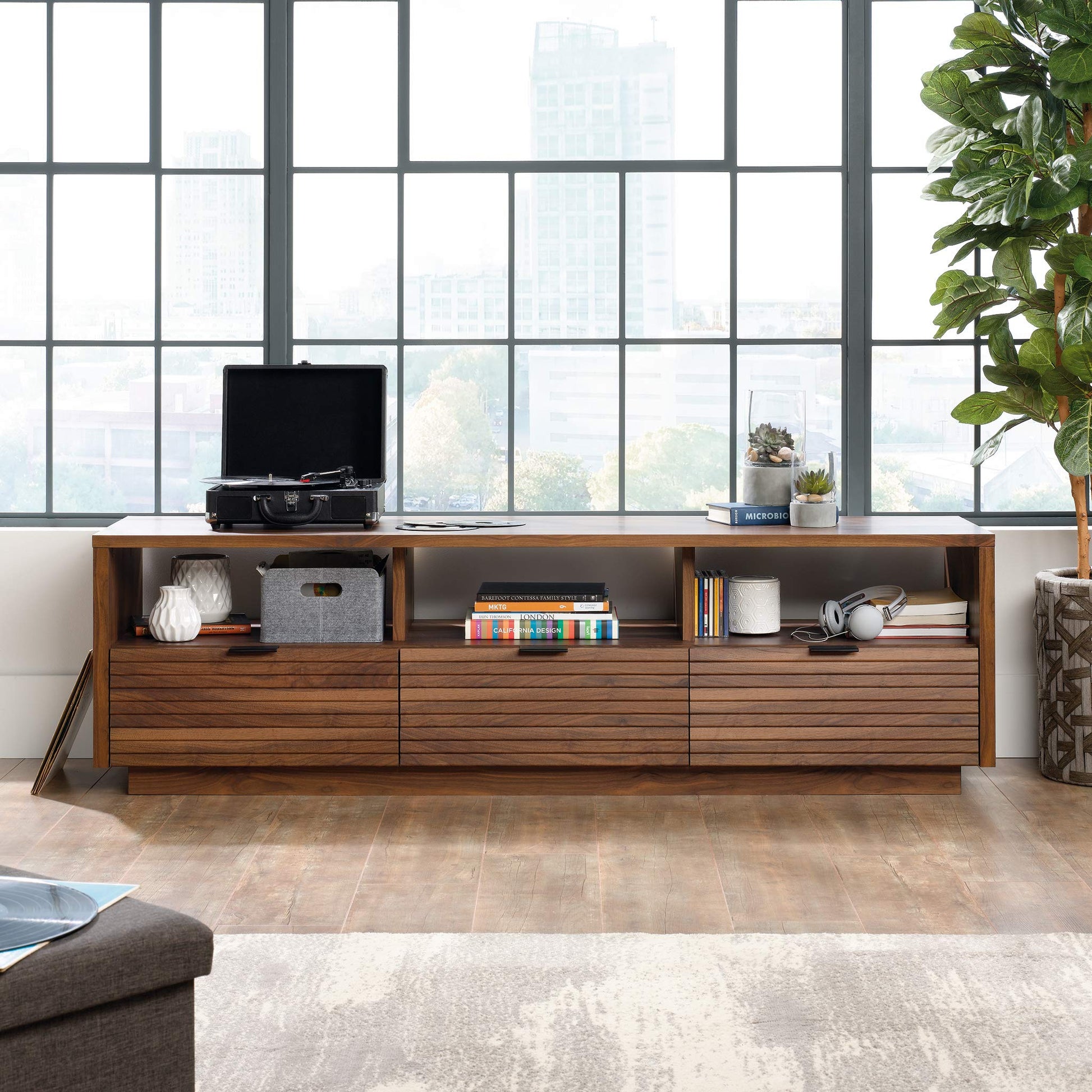 Sauder Harvey Park Credenza, for TVs up to 70", Grand Walnut finish - WoodArtSupply