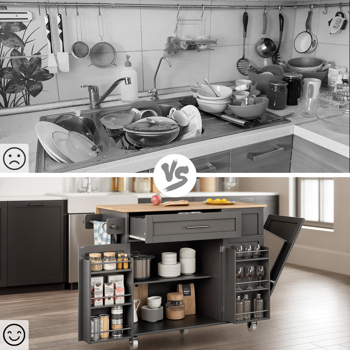 43.3" Rolling Kitchen Island Cart with Drop Leaf & Storage - Mobile Kitchen Organizer with Wheels, Rubberwood Top, Trash Bin Cabinet & Towel Rack, Farmhouse Style for Small Spaces Grey LotaTools